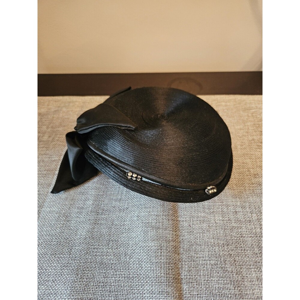 Vintage Christine Original Black Hat With Rhinestone Pieces And Silk Bow